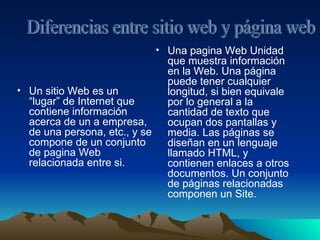 Un sitio Web es un “lugar” de Internet que contiene información acerca de un a empresa, de una persona, etc., y se compone de un conjunto de pagina Web relacionada entre si.   Una pagina Web Unidad que muestra información en la Web. Una página puede tener cualquier longitud, si bien equivale por lo general a la cantidad de texto que ocupan dos pantallas y media. Las páginas se diseñan en un lenguaje llamado HTML, y contienen enlaces a otros documentos. Un conjunto de páginas relacionadas componen un Site. Diferencias entre sitio web y página web 