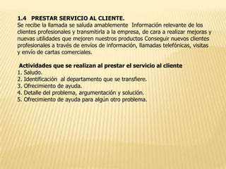 1.4 PRESTAR SERVICIO AL CLIENTE.
Se recibe la llamada se saluda amablemente Información relevante de los
clientes profesionales y transmitirla a la empresa, de cara a realizar mejoras y
nuevas utilidades que mejoren nuestros productos Conseguir nuevos clientes
profesionales a través de envíos de información, llamadas telefónicas, visitas
y envío de cartas comerciales.
Actividades que se realizan al prestar el servicio al cliente
1. Saludo.
2. Identificación al departamento que se transfiere.
3. Ofrecimiento de ayuda.
4. Detalle del problema, argumentación y solución.
5. Ofrecimiento de ayuda para algún otro problema.

 