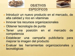 OBJETIVOSESPECÌFICOSIntroducir un nuevo producto en el mercado, de alta calidad y rico en vitaminasInnovar los recursos organizacionalesObtener tecnología de puntaTener una posición en el mercado de competenciaEstablecer una campaña publicitaria para mejorar la imagen del productoEvaluar las herramientas organizacionales y tecnológicas