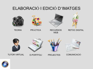 ELABORACIÓ I EDICIÓ D’IMATGES




    TEORIA      PRÀCTICA      RECURSOS    RETOC DIGITAL
                                WEB




TUTOR VIRTUAL   E-PORTFOLI   PROJECTES   COMUNICACIÓ
 