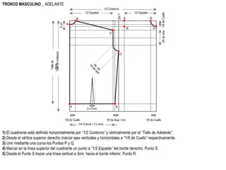 TRONCO MASCULINO  _ ADELANTE 1)  El cuadrante está definido horizontalmente por  “1/2 Contorno”  y verticalmente por el  “Talle de Adelante”. 2)  Desde el vértice superior derecho marcar ejes verticales y horizontales a  “1/6 de Cuello”  respectivamente. 3)  Unir mediante una curva los Puntos P y Q. 4)  Marcar en la línea superior del cuadrante un punto a  “1/2 Espalda”  del borde derecho. Punto S. 5)  Desde el Punto S trazar una línea vertical a 3cm. hacia el borde inferior. Punto R. 1/2 Contorno Talle de Adelante  1/2 Espalda Eje Y A B 1/6 de Sisa -1cm 1/6 de Cuello 5 cm. 2/6 de sisa C 1/6 de sisa E Talle de Atrás. D F 1/4 Cintura + 3 o 4cm. 3 o 4 cm. 1/6 de Cuello 1/6 de Cuello P Q 1/2 Espalda S R 
