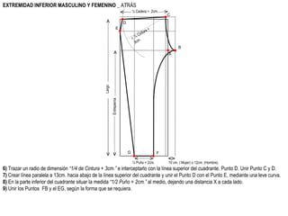 E 6)  Trazar un radio de dimensión  “1/4 de Cintura + 3cm.”  e interceptarlo con la línea superior del cuadrante. Punto D. Unir Punto C y D. 7)  Crear línea paralela a 13cm. hacia abajo de la línea superior del cuadrante y unir el Punto D con el Punto E, mediante una leve curva. 8)  En la parte inferior del cuadrante situar la medida  “1/2 Puño + 2cm.”  al medio, dejando una distancia X a cada lado. 9)  Unir los Puntos  FB y el EG, según la forma que se requiera.  EXTREMIDAD INFERIOR MASCULINO Y FEMENINO  _ ATRÁS Largo ¼ Cadera +  2cm.  Entrepierna A B 10 cm. ( Mujer) o 12cm. (Hombre). C D r: ¼ Cintura + 3cm. ½ Puño + 2cm. F G 