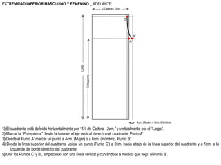 EXTREMIDAD INFERIOR MASCULINO Y FEMENINO  _ ADELANTE 1)  El cuadrante está definido horizontalmente por  “1/4 de Cadera - 2cm.”  y verticalmente por el  “Largo”. 2)  Marcar la  “Entrepierna”  desde la base en el eje vertical derecho del cuadrante. Punto A’. 3)  Desde el Punto A’ marcar un punto a 4cm. (Mujer) o a 6cm. (Hombre). Punto B’. 4)  Desde la línea superior del cuadrante ubicar un punto (Punto C’) a 2cm. hacia abajo de la línea superior del cuadrante y a 1cm. a la izquierda del borde derecho del cuadrante. 5)  Unir los Puntos C’ y B’, empezando con una línea vertical y curvándose a medida que llega al Punto B’. Largo ¼ Cadera -  2cm.  Entrepierna A’ B’ C’ 4cm. ( Mujer) o 6cm. (Hombre). 