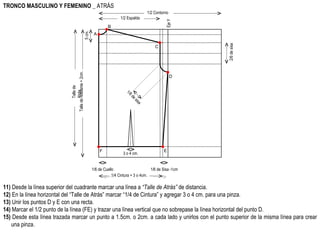 11)  Desde la línea superior del cuadrante marcar una línea a  “Talle de Atrás”  de distancia. 12)  En la línea horizontal del “Talle de Atrás” marcar “1/4 de Cintura” y agregar 3 o 4 cm. para una pinza. 13)  Unir los puntos D y E con una recta. 14)  Marcar el 1/2 punto de la línea (FE) y trazar una línea vertical que no sobrepase la línea horizontal del punto D. 15)  Desde esta línea trazada marcar un punto a 1.5cm. o 2cm. a cada lado y unirlos con el punto superior de la misma línea para crear una pinza.  TRONCO MASCULINO Y FEMENINO  _ ATRÁS 1/2 Contorno Talle de Adelante + 2cm. 1/2 Espalda Eje Y A B 1/6 de Sisa -1cm 1/6 de Cuello 5 cm. 2/6 de sisa C 1/6 de sisa E Talle de Atrás. D F 1/4 Cintura + 3 o 4cm. 3 o 4 cm. 