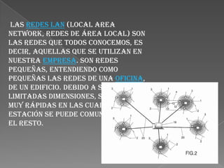  Las redes LAN (Local Area Network, redes de área local) son las redes que todos conocemos, es decir, aquellas que se utilizan en nuestra empresa. Son redes pequeñas, entendiendo como pequeñas las redes de una oficina, de un edificio. Debido a sus limitadas dimensiones, son redes muy rápidas en las cuales cada estación se puede comunicar con el resto.