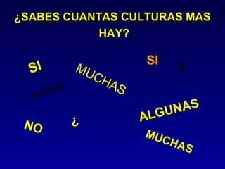 ¿SABES CUANTAS CULTURAS MAS
           HAY?

                        SI   ?
  SI           MU
                 CH
         NAS
                   AS
  A   LGU
                             AS
                        ALGUN
 NO            ¿
                        MU
                          CHA
                             S
 