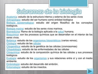 Anatomía: estudio de la estructura interna y externa de los seres vivos
Antropología: estudio del ser humano como entidad biológica
Biología epistemológica: estudio del origen filosófico de los conceptos
biológicos.
Biología marina: estudio de los seres vivos marinos.
Biomedicina: Rama de la biología aplicada a la salud humana.
Bioquímica: son los procesos químicos que se desarrollan en el interior de los
seres vivos.
Botánica: estudio de los organismos fotosintéticos (varios reinos).
Citología: estudio de las células
Citogenética: estudio de la genética de las células (cromosomas)
Citopatología: estudio de las enfermedades de las células
Citoquímica: estudio de la composición química de las células y sus procesos
biológicos
Ecología: estudio de los organismos y sus relaciones entre sí y con el medio
ambiente.
Embriología: estudio del desarrollo del embrión.
Entomología: estudio de los insectos.
 