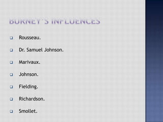  Rousseau.
 Dr. Samuel Johnson.
 Marivaux.
 Johnson.
 Fielding.
 Richardson.
 Smollet.
 