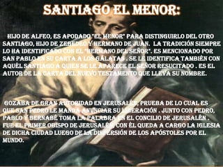 Santiago el menor:
Hijo de Alfeo, es apodado "el menor" para distinguirlo del otro
Santiago, hijo de Zebedeo y hermano de Juan. La tradición siempre
lo ha identificado con el "hermano del Señor". Es mencionado por
San Pablo en su carta a los Gálatas . Se le identifica también con
aquél Santiago a quien se le aparece el Señor resucitado . Es el
autor de la carta del Nuevo Testamento que lleva su nombre.
Gozaba de gran autoridad en Jerusalén, prueba de lo cual es
que San Pedro le manda anunciar su liberación . Junto con Pedro,
Pablo y Bernabé toma la palabra en el concilio de Jerusalén .
Fue el primer obispo de Jerusalén, con él queda a cargo la iglesia
de dicha ciudad luego de la dispersión de los apóstoles por el
mundo.
 