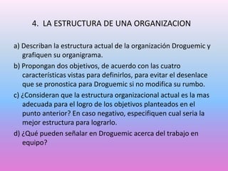 4. LA ESTRUCTURA DE UNA ORGANIZACION
a) Describan la estructura actual de la organización Droguemic y
grafiquen su organigrama.
b) Propongan dos objetivos, de acuerdo con las cuatro
características vistas para definirlos, para evitar el desenlace
que se pronostica para Droguemic si no modifica su rumbo.
c) ¿Consideran que la estructura organizacional actual es la mas
adecuada para el logro de los objetivos planteados en el
punto anterior? En caso negativo, especifiquen cual seria la
mejor estructura para lograrlo.
d) ¿Qué pueden señalar en Droguemic acerca del trabajo en
equipo?

 