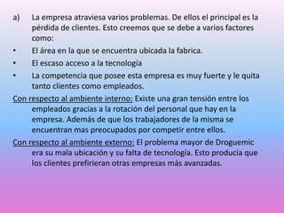 a)

La empresa atraviesa varios problemas. De ellos el principal es la
pérdida de clientes. Esto creemos que se debe a varios factores
como:
•
El área en la que se encuentra ubicada la fabrica.
•
El escaso acceso a la tecnología
•
La competencia que posee esta empresa es muy fuerte y le quita
tanto clientes como empleados.
Con respecto al ambiente interno: Existe una gran tensión entre los
empleados gracias a la rotación del personal que hay en la
empresa. Además de que los trabajadores de la misma se
encuentran mas preocupados por competir entre ellos.
Con respecto al ambiente externo: El problema mayor de Droguemic
era su mala ubicación y su falta de tecnología. Esto producía que
los clientes prefirieran otras empresas más avanzadas.

 