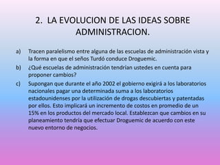 2. LA EVOLUCION DE LAS IDEAS SOBRE
ADMINISTRACION.
a)
b)

c)

Tracen paralelismo entre alguna de las escuelas de administración vista y
la forma en que el seños Turdó conduce Droguemic.
¿Qué escuelas de administración tendrían ustedes en cuenta para
proponer cambios?
Supongan que durante el año 2002 el gobierno exigirá a los laboratorios
nacionales pagar una determinada suma a los laboratorios
estadounidenses por la utilización de drogas descubiertas y patentadas
por ellos. Esto implicará un incremento de costos en promedio de un
15% en los productos del mercado local. Establezcan que cambios en su
planeamiento tendría que efectuar Droguemic de acuerdo con este
nuevo entorno de negocios.

 