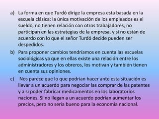 a) La forma en que Turdó dirige la empresa esta basada en la
escuela clásica: la única motivación de los empleados es el
sueldo, no tienen relación con otros trabajadores, no
participan en las estrategias de la empresa, y si no están de
acuerdo con lo que el señor Turdó decide pueden ser
despedidos.
b) Para proponer cambios tendríamos en cuenta las escuelas
sociológicas ya que en ellas existe una relación entre los
administradores y los obreros, los motivan y también tienen
en cuenta sus opiniones.
c) Nos parece que lo que podrían hacer ante esta situación es
llevar a un acuerdo para negociar las comprar de las patentes
y a si poder fabricar medicamentos en los laboratorios
naciones. Si no llegan a un acuerdo podrían aumentar los
precios, pero no seria bueno para la economía nacional.

 
