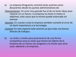 a)

La empresa Droguemic cometió tanto aciertos como
desaciertos desde los puntos administrativos de:
-Planeamiento: Un error muy grande fue el de no tener ideas para
mejorar en un futuro. La empresa no tenia ni metas ni
objetivos, esto causa que la misma quede estancada sin
avanzar.
-Gestión: En cuanto a esta la empresa también cometió el error de
no darle importancia a la tecnología.
-Control: En este aspecto tubo aciertos ya que tubo una buena
división de trabajos.
b)

La visión y misión para posicionarse de una forma
competitiva seria la visión que tienen los lideres de la
empresa de un futuro con progreso y la misión que seria
sacar adelante a la empresa.

 