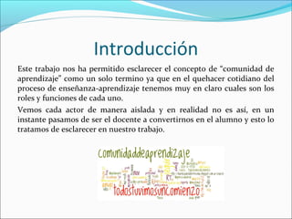 Introducción
Este trabajo nos ha permitido esclarecer el concepto de “comunidad de
aprendizaje” como un solo termino ya que en el quehacer cotidiano del
proceso de enseñanza-aprendizaje tenemos muy en claro cuales son los
roles y funciones de cada uno.
Vemos cada actor de manera aislada y en realidad no es así, en un
instante pasamos de ser el docente a convertirnos en el alumno y esto lo
tratamos de esclarecer en nuestro trabajo.
 