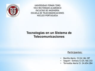 UNIVERSIDAD FERMÍN TORO
VICE RECTORADO ACADÉMICO
FACULTAD DE INGENIERÍA
ESCUELA DE TELECOMUNICACIONES
NÚCLEO PORTUGUESA
Tecnologías en un Sistema de
Telecomunicaciones
Participantes:
• Bonilla María CI:24.146.187
• Segueri Stefany CI:25.160.333
• Torrealba María CI: 24.654.284
 