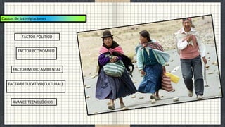 Causas de las migraciones
FACTOR ECONÓMICO
FACTOR MEDIO AMBIENTAL
FACTOR EDUCATIVO(CULTURAL)
FACTOR POLÍTICO
AVANCE TECNOLÓGICO
 