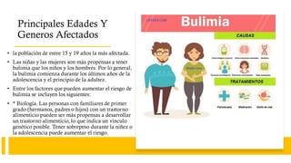 Principales Edades Y
Generos Afectados
• la población de entre 15 y 19 años la más afectada.
• Las niñas y las mujeres son más propensas a tener
bulimia que los niños y los hombres. Por lo general,
la bulimia comienza durante los últimos años de la
adolescencia y el principio de la adultez.
• Entre los factores que pueden aumentar el riesgo de
bulimia se incluyen los siguientes:
• * Biología. Las personas con familiares de primer
grado (hermanos, padres o hijos) con un trastorno
alimenticio pueden ser más propensas a desarrollar
un trastorno alimenticio, lo que indica un vínculo
genético posible. Tener sobrepeso durante la niñez o
la adolescencia puede aumentar el riesgo.
 