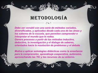 METODOLOGÍA
Debe ser versátil con una serie de métodos variados,
diversificados, y aplicados desde cada una de las áreas y
los saberes de la escuela, que permiten comprender e
interpretar el mundo que le rodea.
Genera procesos a partir de los métodos inductivo,
deductivo, la investigación y el dialogo de saberes,
orientados hacia la resolución de problemas y el debate.
Motiva a aplicar estrategias didácticas como la enseñanza
para la comprensión, aprendizaje cooperativo, autónomo,
aprovechando las TIC y los recursos de su entorno.

 
