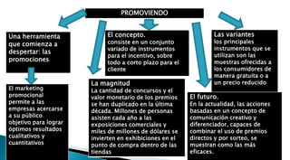 PROMOVIENDO


Una herramienta             El concepto.                          Las variantes
que comienza a              consiste en un conjunto               los principales
                            variado de instrumentos               instrumentos que se
despertar: las
                            para el incentivo, sobre              utilizan son las
promociones                 todo a corto plazo para el            muestras ofrecidas a
                            cliente                               los consumidores de
                                                                  manera gratuita o a
                       La magnitud                                un precio reducido
El marketing           La cantidad de concursos y el
promocional            valor monetario de los premios    El futuro.
permite a las          se han duplicado en la última     En la actualidad, las acciones
empresas acercarse     década. Millones de personas      basadas en un concepto de
a su público           asisten cada año a las            comunicación creativo y
objetivo para lograr   exposiciones comerciales y        diferenciador, capaces de
óptimos resultados     miles de millones de dólares se   combinar el uso de premios
cualitativos y         invierten en exhibiciones en el   directos y por sorteo, se
cuantitativos          punto de compra dentro de las     muestran como las más
                       tiendas                           eficaces.
 