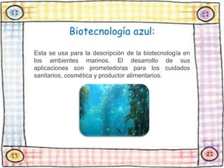Biotecnología azul: 
Esta se usa para la descripción de la biotecnología en 
los ambientes marinos. El desarrollo de sus 
aplicaciones son prometedoras para los cuidados 
sanitarios, cosmética y productor alimentarios. 
 