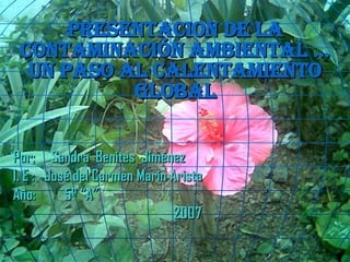 PRESENTACION DE LA CONTAMINACIÓN AMBIENTAL … UN PASO AL CALENTAMIENTO GLOBAL Por:  Sandra  Benites  Jiménez I. E :  José del Carmen Marín Arista Año:  5º “A” 2007 