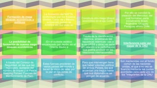 Formación de mega
bloques económicos y
políticos
La formación del NAFTA,
conformado por los Estados
Unidos, Cana- da y México,
sorprendió países de
América del Sur pues se
Constituía otro mega bloqué
económico en el eje Corte.
Por ello se concibió la
creación del Mercosur, del
cual formaban parte
Inicialmente Brasil,
Argentina, Uruguay,
Paraguay ahora Chile.
La posibilidad de
formación de nuevos mega
bloques económicos
(En el sudeste asiático
encabezado por Japón, en el
Oriente Medio a
Través de la identificación
islámica, arrastrando las
repúblicas islámicas- cas a
la ex-URSS y otros) es seria
éf1 relación a la perturbación
que podría producir en las
relaciones internacionales.
Interferencia cada vez
mayor de la ONU
A través del Consejo de
Seguridad, en las que las
regionales, aumentó del
número de tropas y el Peace
Keeping Forces! Fuerzas de
Mantenimiento de Paz).
Estas fuerzas provienen de
varios países del mundo y
tienen la visión de velar por
la paz en las zonas de
conflicto.
Para que intervengan tiene
que haber voluntad política
de ambos Países, los que
acuerdan una tregua hasta
que sus diplomáticos se
pongan de acuerdo.
Son mantenidas con el fondo
común de las naciones
unidas, el que a su vez se
financia mediante las cuotas
acordadas para cada uno de
los "integrantes de la ONU
 