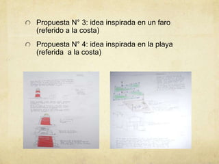 Propuesta N° 3: idea inspirada en un faro
(referido a la costa)
Propuesta N° 4: idea inspirada en la playa
(referida a la costa)
 
