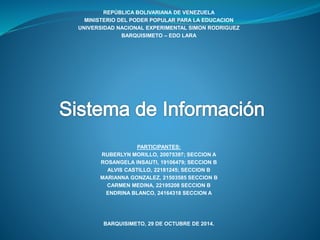 REPÚBLICA BOLIVARIANA DE VENEZUELA 
MINISTERIO DEL PODER POPULAR PARA LA EDUCACION 
UNIVERSIDAD NACIONAL EXPERIMENTAL SIMON RODRIGUEZ 
BARQUISIMETO – EDO LARA 
PARTICIPANTES: 
RUBERLYN MORILLO, 20075397; SECCION A 
ROSANGELA INSAUTI, 19106479; SECCION B 
ALVIS CASTILLO, 22181245; SECCION B 
MARIANNA GONZALEZ, 21503585 SECCION B 
CARMEN MEDINA, 22195208 SECCION B 
ENDRINA BLANCO, 24164318 SECCION A 
BARQUISIMETO, 29 DE OCTUBRE DE 2014. 
 