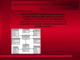 Siga estos pasos básicos a la hora de diseñar su base de
datos:
Para la elaboración de una base de datos para
proteger fallas se deben tener en cuenta el
hardware y el software que son elementos
importantes para que estas puedan beneficiar los
programas a la hora de minimizar fallas dentro de
una base de datos.
 