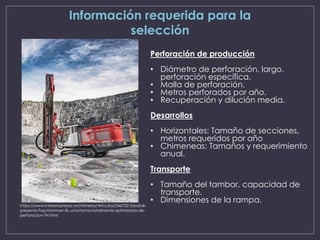 Información requerida para la
selección
Perforación de producción
• Diámetro de perforación, largo,
perforación específica.
• Malla de perforación.
• Metros perforados por año.
• Recuperación y dilución media.
Desarrollos
• Horizontales: Tamaño de secciones,
metros requeridos por año
• Chimeneas: Tamaños y requerimiento
anual.
Transporte
• Tamaño del tambor, capacidad de
transporte.
• Dimensiones de la rampa.
https://www.interempresas.net/Mineria/Articulos/346722-Sandvik-
presenta-Top-Hammer-XL-una-forma-totalmente-optimizada-de-
perforacion-TH.html
 