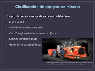 Clasificación de equipos en minería
Equipos de cargue y transporte en minería subterránea
• LHD o Scoop
• Camión articulado bajo perfil
• Camión rígido minería subterránea (Supra)
• Bandas transportadoras
• Trenes mineros subterráneos
https://www.rocktechnology.sandvik/es-la/productos/cargadores-y-camiones-
subterr%C3%A1neos/equipos-lhd-subterr%C3%A1neos-avanzados/
 