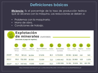 Definiciones básicas
Eficiencia: Es el porcentaje de la tasa de producción teórica
que se alcanza con la máquina. Las reducciones se deben a:
• Problemas con la maquinaria.
• Mano de obra.
• Condiciones de trabajo.
https://mineriaencolombia.anm.gov.co/sites/default/files/2023-10/Ficha%20Colombia%2009%202023.pdf
 
