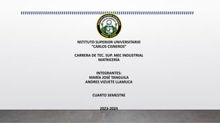 NSTITUTO SUPERIOR UNIVERSITARIO
“CARLOS CISNEROS”
CARRERA DE TEC. SUP. MEC INDUSTRIAL
MATRICERÍA
INTEGRANTES:
MARÍA JOSÉ TANGUILA
ANDRES VIZUETE LLAMUCA
CUARTO SEMESTRE
2023-2024
 