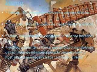 ASEDIO * hastati, diez manípulos de ciento veinte soldados * príncipes, diez manípulos de ciento veinte soldados * triarii, cuyo manípulo constaba de sesenta hombres * velites, o infantería ligera, que se disponían delante de las líneas de infantería pesada para explorar y hostigar al enemigo sin trabar contacto directo 