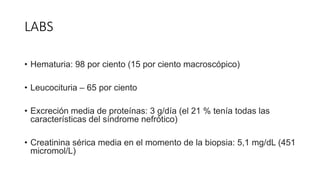 LABS
• Hematuria: 98 por ciento (15 por ciento macroscópico)
• Leucocituria – 65 por ciento
• Excreción media de proteínas: 3 g/día (el 21 % tenía todas las
características del síndrome nefrótico)
• Creatinina sérica media en el momento de la biopsia: 5,1 mg/dL (451
micromol/L)
 