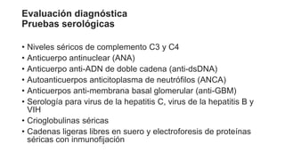 Evaluación diagnóstica
Pruebas serológicas
• Niveles séricos de complemento C3 y C4
• Anticuerpo antinuclear (ANA)
• Anticuerpo anti-ADN de doble cadena (anti-dsDNA)
• Autoanticuerpos anticitoplasma de neutrófilos (ANCA)
• Anticuerpos anti-membrana basal glomerular (anti-GBM)
• Serología para virus de la hepatitis C, virus de la hepatitis B y
VIH
• Crioglobulinas séricas
• Cadenas ligeras libres en suero y electroforesis de proteínas
séricas con inmunofijación
 