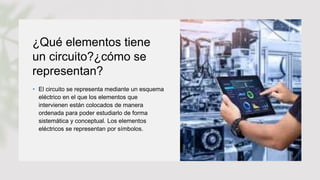 ¿Qué elementos tiene
un circuito?¿cómo se
representan?
• El circuito se representa mediante un esquema
eléctrico en el que los elementos que
intervienen están colocados de manera
ordenada para poder estudiarlo de forma
sistemática y conceptual. Los elementos
eléctricos se representan por símbolos.
 