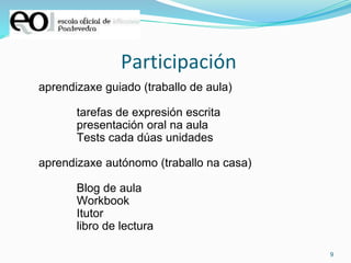 9
Participación
aprendizaxe guiado (traballo de aula)
tarefas de expresión escrita
presentación oral na aula
Tests cada dúas unidades
aprendizaxe autónomo (traballo na casa)
Blog de aula
Workbook
Itutor
libro de lectura
 