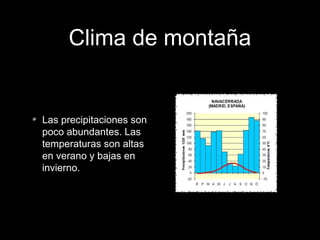 Clima de montaña
Las precipitaciones son
poco abundantes. Las
temperaturas son altas
en verano y bajas en
invierno.
 