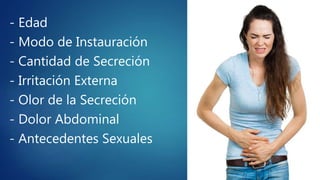 - Edad
- Modo de Instauración
- Cantidad de Secreción
- Irritación Externa
- Olor de la Secreción
- Dolor Abdominal
- Antecedentes Sexuales
 