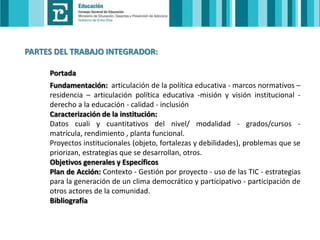PARTES DEL TRABAJO INTEGRADOR:
Portada
Fundamentación: articulación de la política educativa - marcos normativos –
residencia – articulación política educativa -misión y visión institucional derecho a la educación - calidad - inclusión
Caracterización de la institución:
Datos cuali y cuantitativos del nivel/ modalidad - grados/cursos matrícula, rendimiento , planta funcional.
Proyectos institucionales (objeto, fortalezas y debilidades), problemas que se
priorizan, estrategias que se desarrollan, otros.
Objetivos generales y Específicos
Plan de Acción: Contexto - Gestión por proyecto - uso de las TIC - estrategias
para la generación de un clima democrático y participativo - participación de
otros actores de la comunidad.
Bibliografía

 