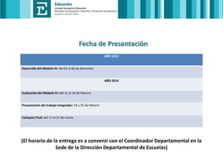Fecha de Presentación
AÑO 2013

Desarrollo del Módulo IV: del 02 al 06 de diciembre

AÑO 2014

Evaluación del Módulo IV: del 11 al 14 de febrero

Presentación del trabajo Integrador: 24 y 25 de febrero

Coloquio Final: del 17 al 21 de marzo

(El horario de la entrega es a convenir con el Coordinador Departamental en la
Sede de la Dirección Departamental de Escuelas)

 