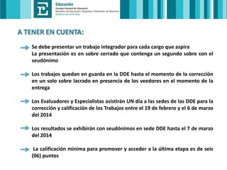 A TENER EN CUENTA:
Se debe presentar un trabajo integrador para cada cargo que aspira
La presentación es en sobre cerrado que contenga un segundo sobre con el
seudónimo
Los trabajos quedan en guarda en la DDE hasta el momento de la corrección
en un solo sobre lacrado en presencia de los veedores en el momento de la
entrega
Los Evaluadores y Especialistas asistirán UN día a las sedes de las DDE para la
corrección y calificación de los Trabajos entre el 19 de febrero y el 6 de marzo
del 2014
Los resultados se exhibirán con seudónimos en sede DDE hasta el 7 de marzo
del 2014
La calificación mínima para promover y acceder a la última etapa es de seis
(06) puntos

 
