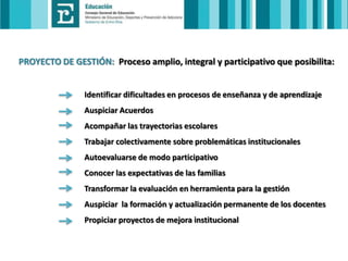 PROYECTO DE GESTIÓN: Proceso amplio, integral y participativo que posibilita:
Identificar dificultades en procesos de enseñanza y de aprendizaje
Auspiciar Acuerdos
Acompañar las trayectorias escolares
Trabajar colectivamente sobre problemáticas institucionales
Autoevaluarse de modo participativo
Conocer las expectativas de las familias
Transformar la evaluación en herramienta para la gestión
Auspiciar la formación y actualización permanente de los docentes
Propiciar proyectos de mejora institucional

 