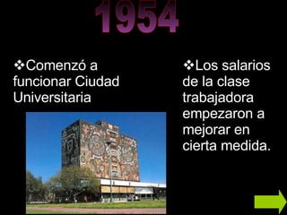 Comenzó a funcionar Ciudad Universitaria   Los salarios de la clase trabajadora empezaron a mejorar en cierta medida. 1954 