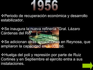 1956 Periodo de recuperación económica y desarrollo estabilizador. Se inaugura la nueva refinería “Gral. Lázaro Cárdenas del Rió”  Se adicionan otras instalaciones en Reynosa, que ampliaron la capacidad en 2, 000 bd. Huelga del poli y represión por parte de Ruiz Cortines y en Septiembre el ejercito entra a sus instalaciones.  