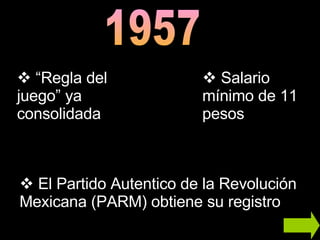 “ Regla del juego” ya consolidada El Partido Autentico de la Revolución Mexicana (PARM) obtiene su registro Salario mínimo de 11 pesos 1957 