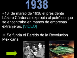 1938 18  de marzo de 1938 el presidente Lázaro Cárdenas expropia el petróleo que se encontraba en manos de empresas extranjeras.  [VIDEO]  Se funda el Partido de la Revolución Mexicana 
