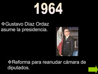 Gustavo Díaz Ordaz asume la presidencia. Reforma para reanudar cámara de diputados.   1964 